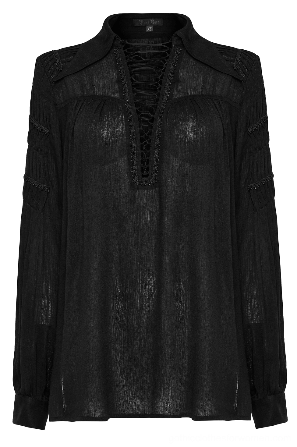 Gothic lace-up blouse front flat lay showing pointed collar and pleated shoulder panel details