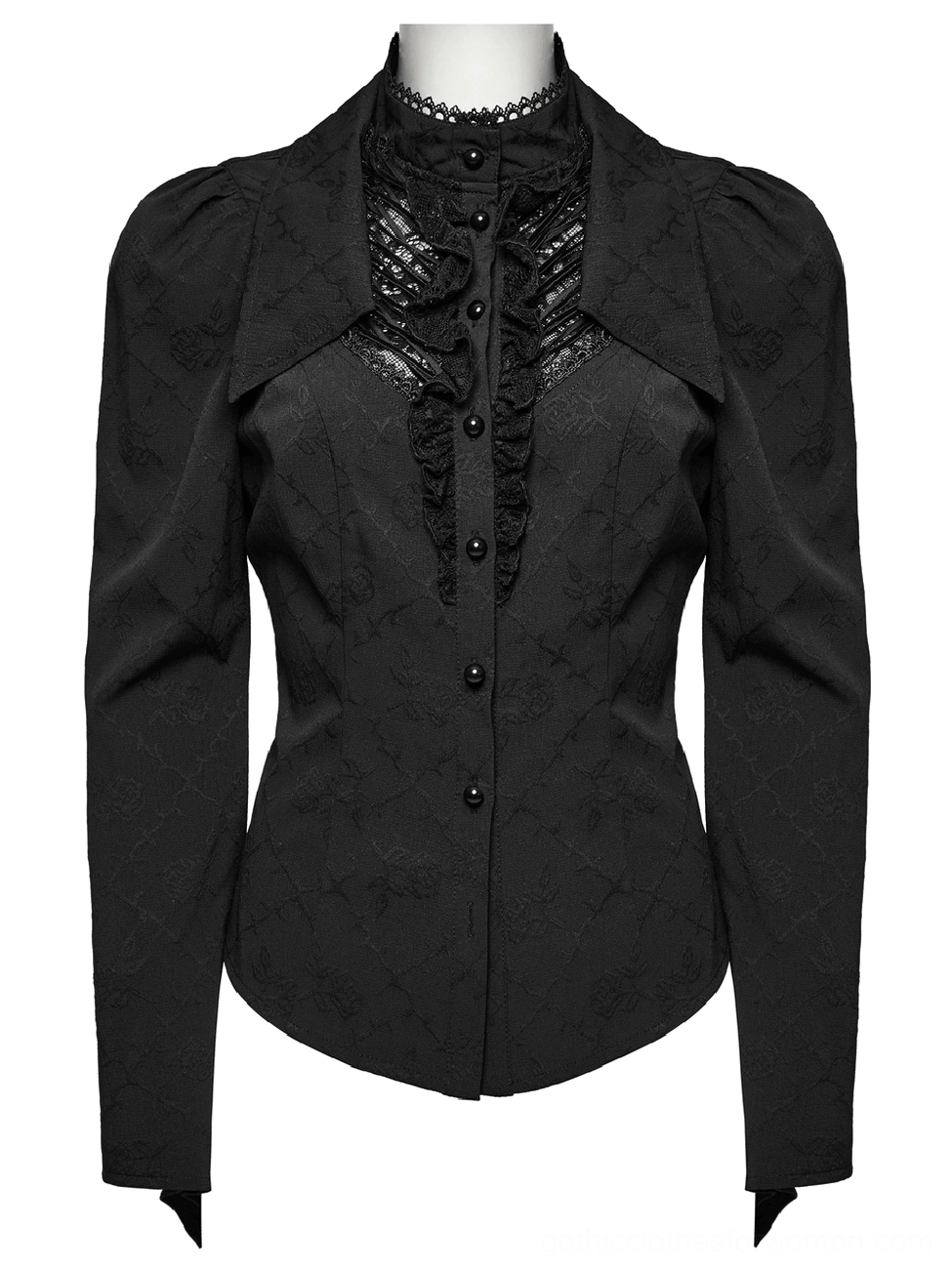 Black gothic blouse front flat view with puffed shoulders and button closure