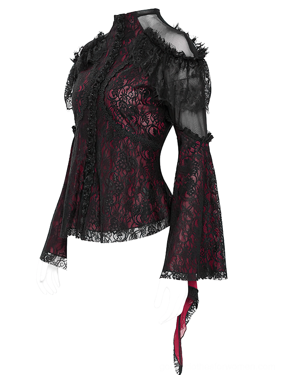 Wine red cold shoulder lace blouse front flat lay view displaying intricate floral lace, bell sleeves with crimson lining, and sheer cutout details