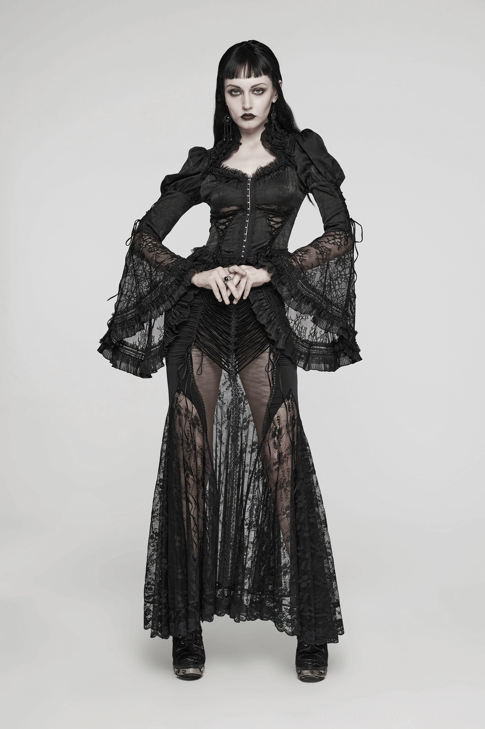 Black gothic lace blouse front hook closure detail with decorative lacing and quality fastening