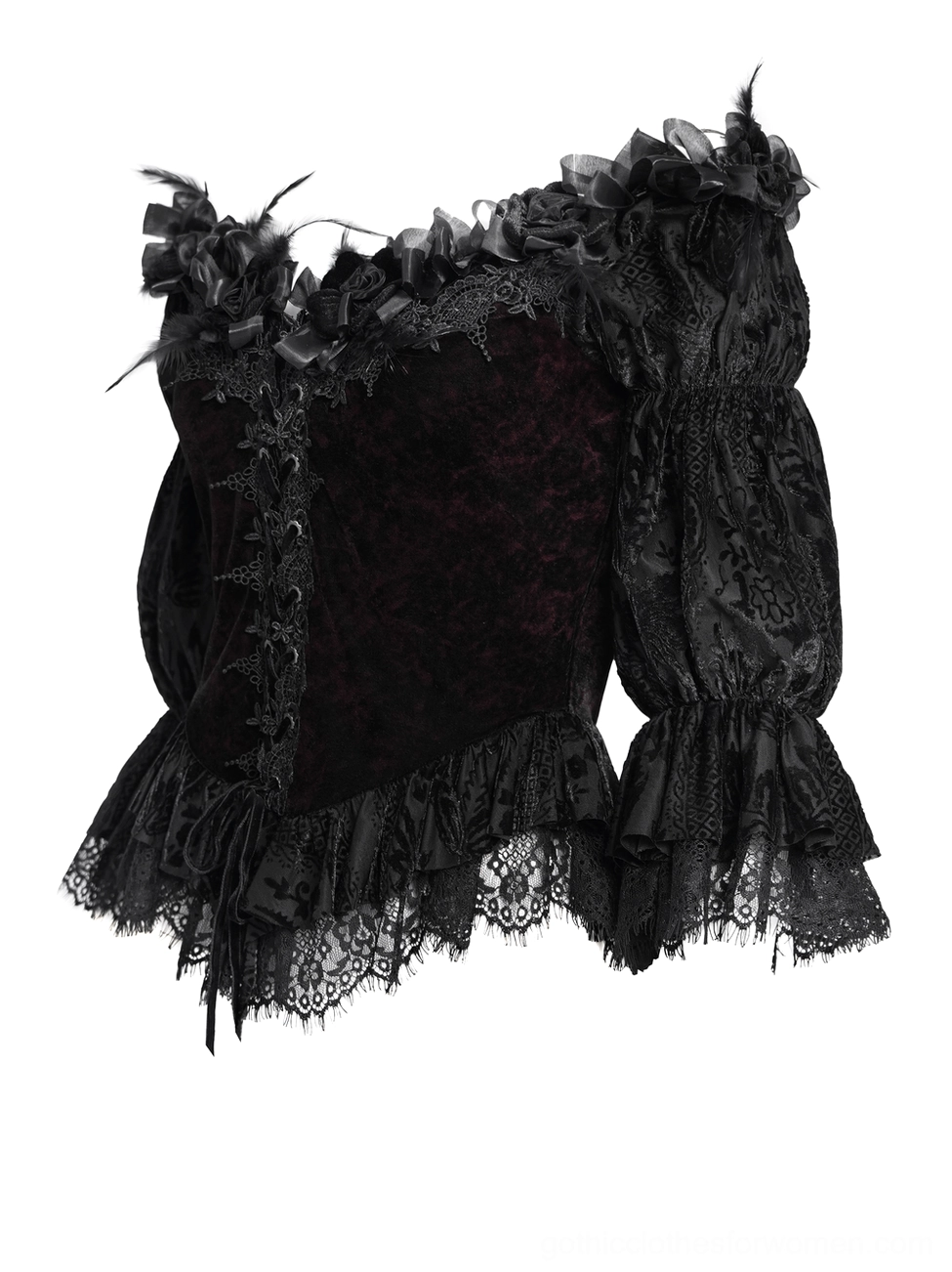 Flat lay front detail of gothic velvet blouse showing ruffled collar and black lace-up eyelet fasteners