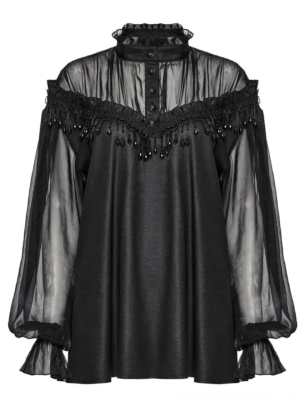 Gothic blouse front flat lay showing high neck with ruffles and beaded lace trim detail