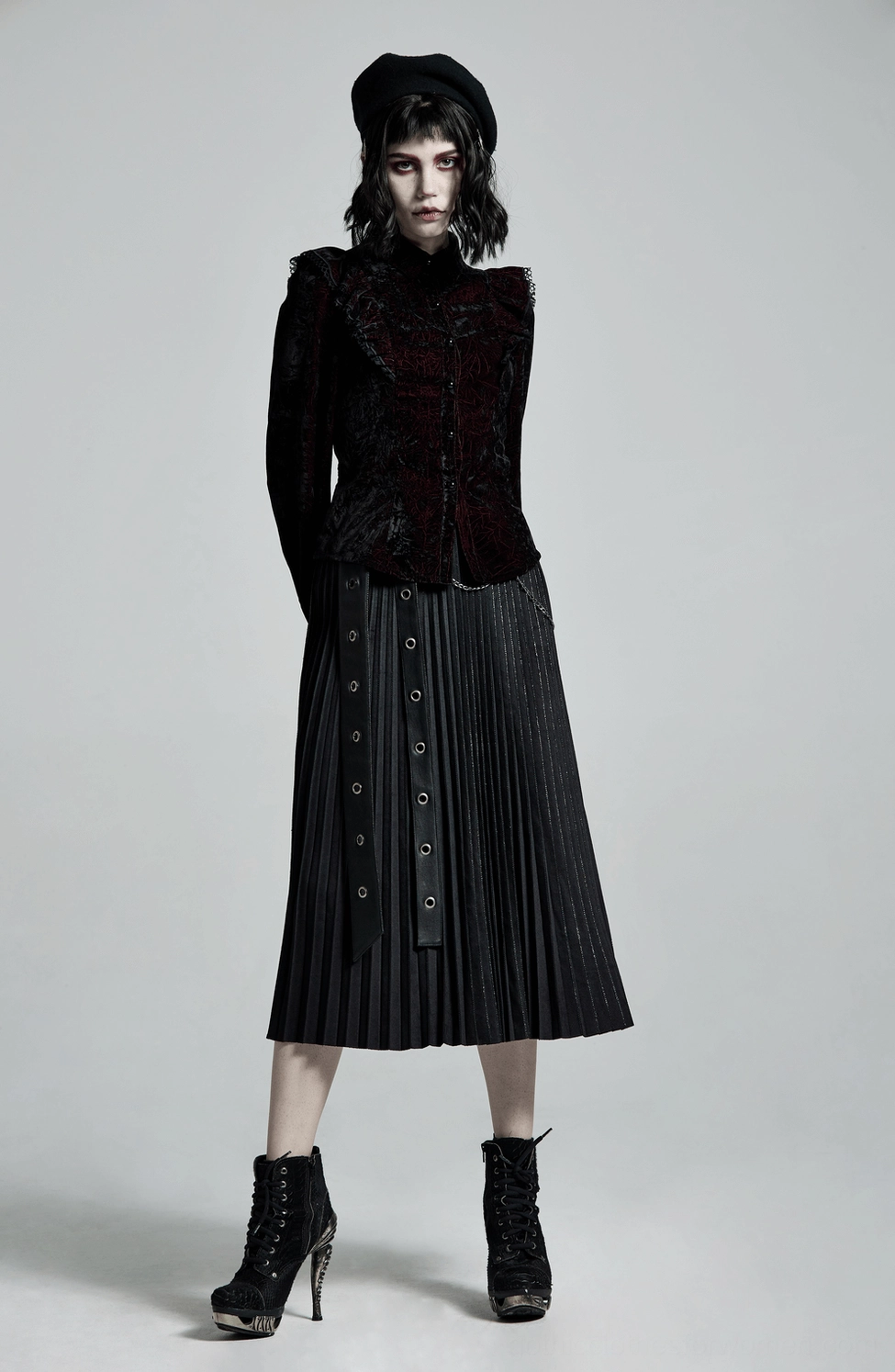 Burgundy black velvet gothic blouse front placket button and ruffle detail close-up