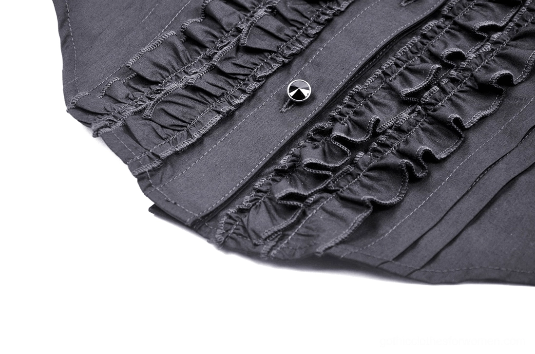 Side close-up of black gothic blouse front placket showcasing double-ruffled trim layers, metal snap buttons, and woven fabric texture