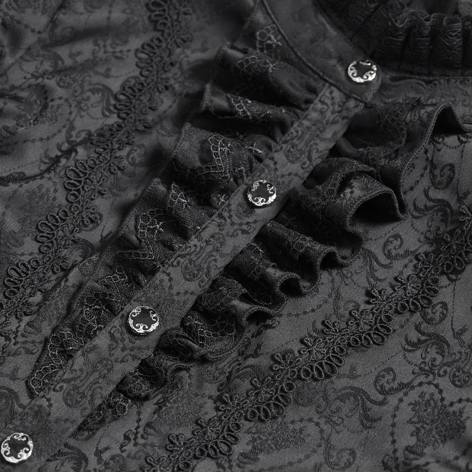 Close-Up of Black Gothic Blouse Front Placket - Ruffled Detail and Intricate Lace Patterns