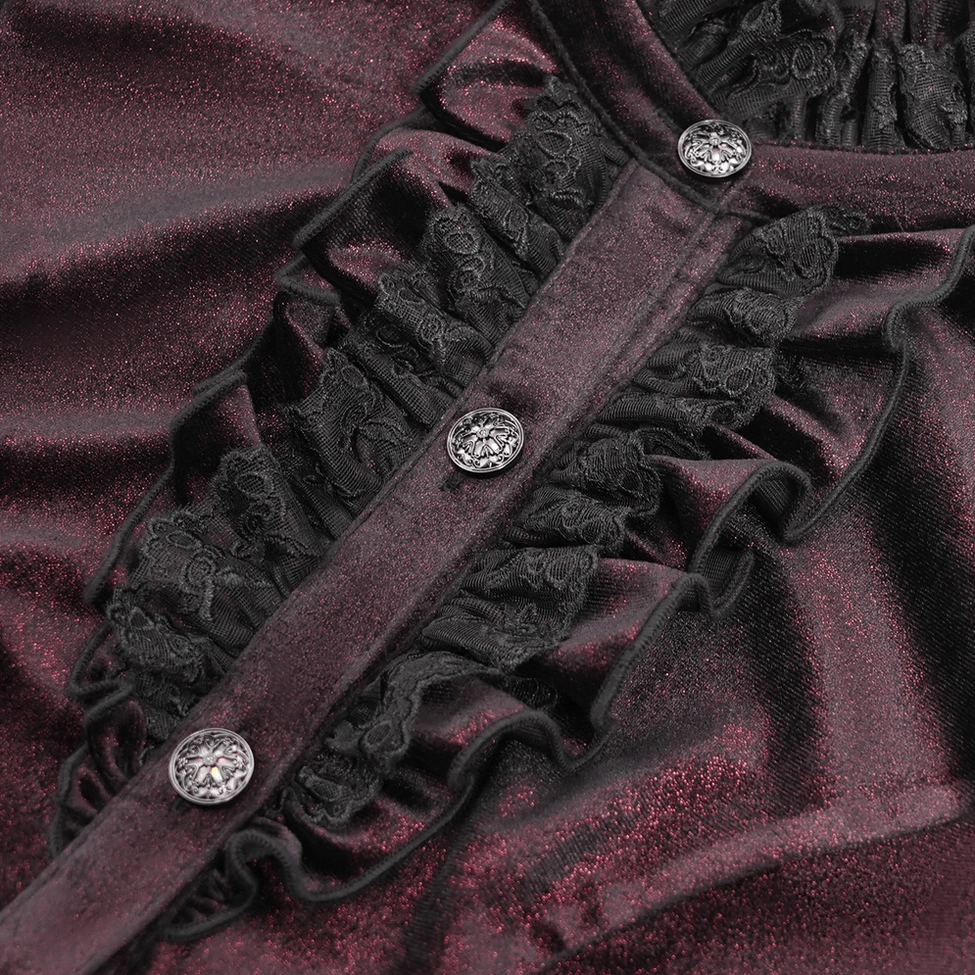 Gothic velvet blouse front placket detail - embossed metal buttons and lace ruffled trim