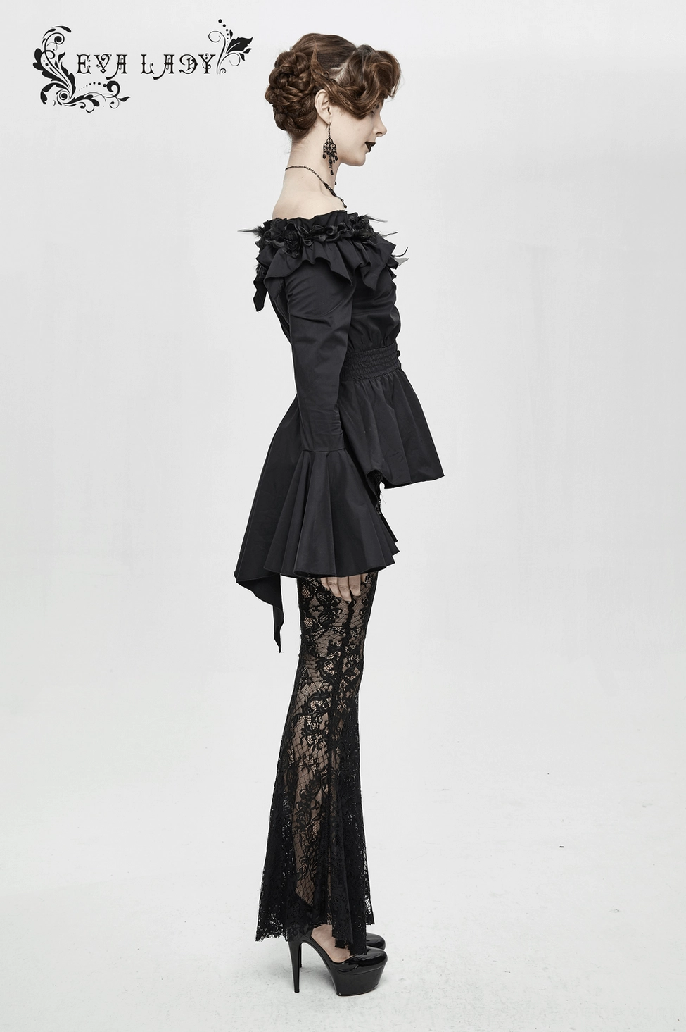 Gothic blouse full-body styled view on model showing off-shoulder elegance, bell sleeve silhouette, asymmetric hem, and overall dark aesthetic composition