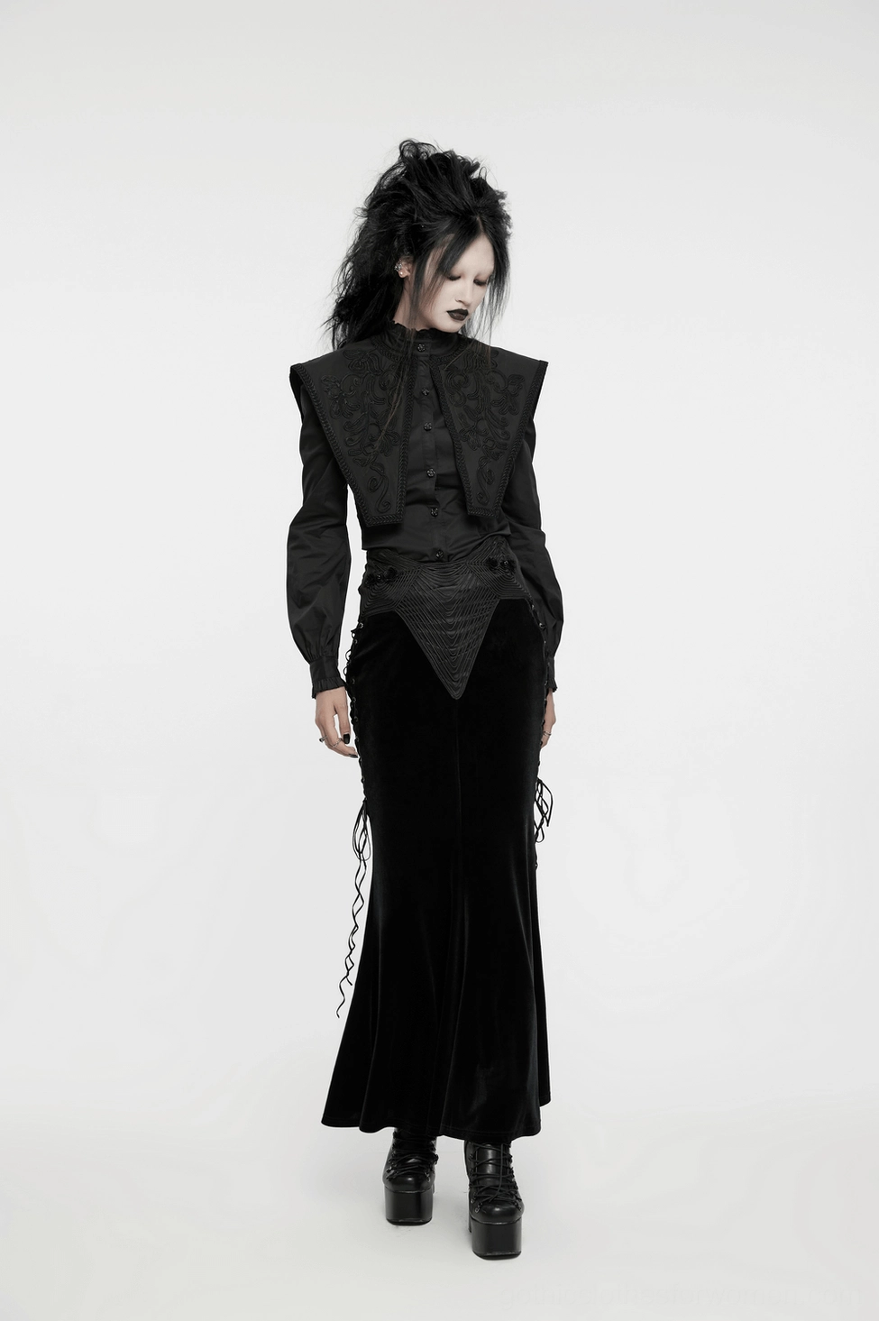 Product display of gothic black blouse with full design elements including puffed sleeves and ruffles