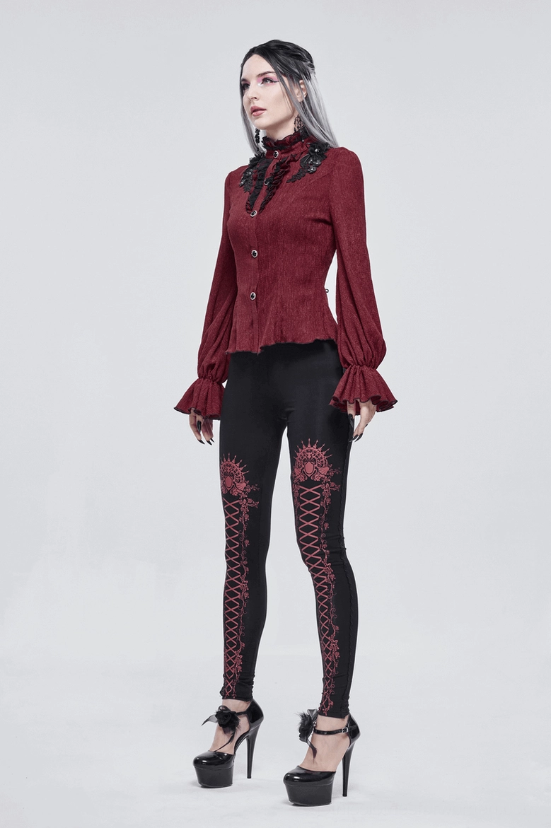 Gothic wine red blouse displaying full flared bell sleeve and decorative collar construction