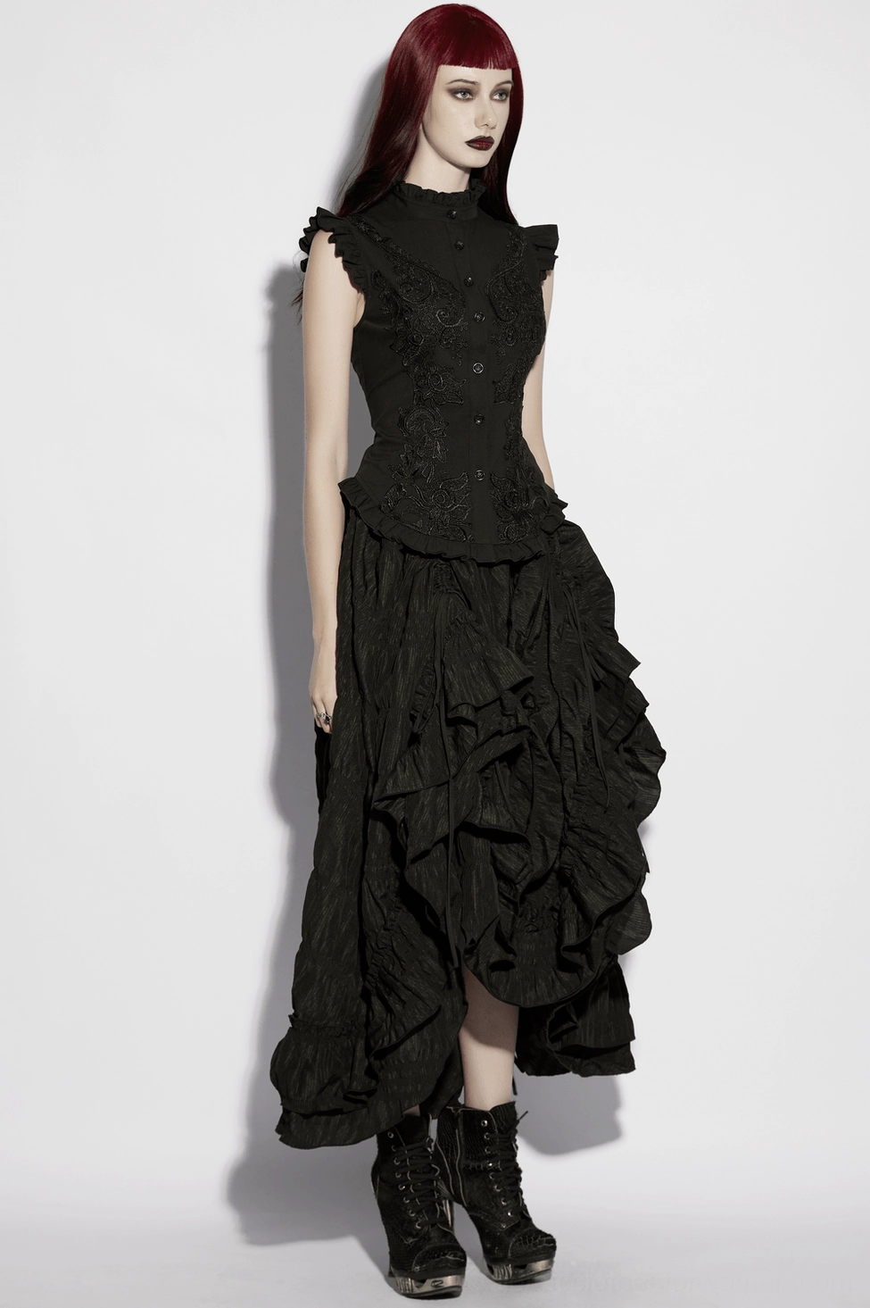 Gothic corset back blouse with flying shoulder ruffles - full garment display in studio setting
