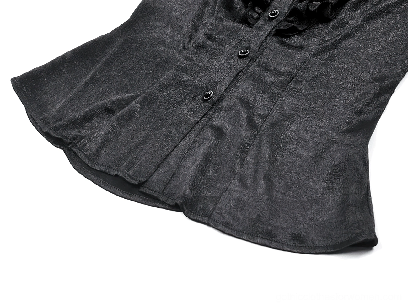 Detail of gothic blouse hem and button closure showing shimmer black satin fabric quality and construction