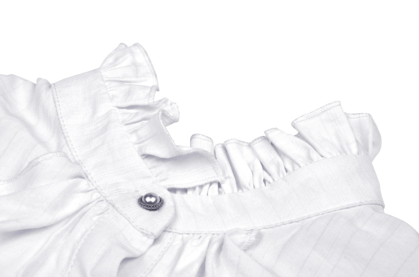 Detailed view of white Victorian blouse jabot ruffled stand collar with pearl button embellishment