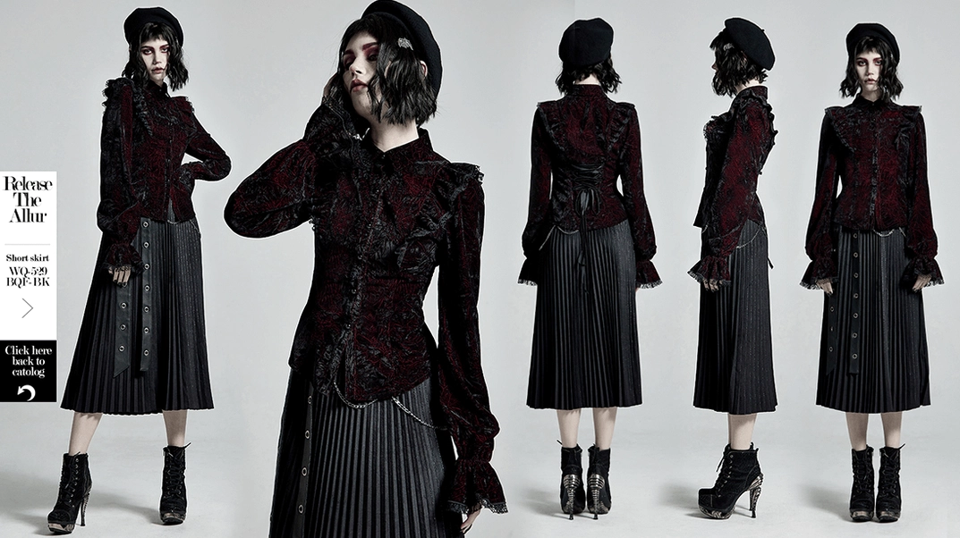 Gothic velvet blouse fabric quality and jacquard patterning detail in burgundy and black