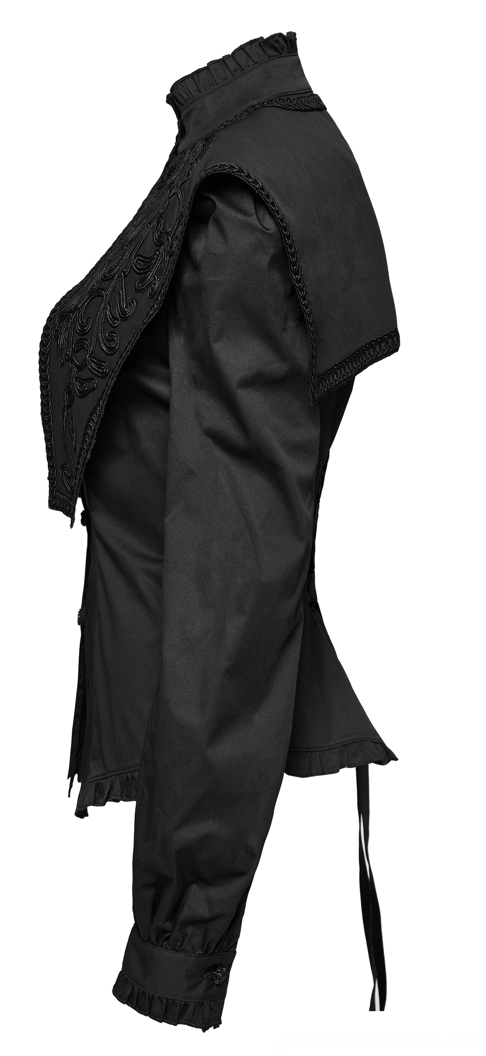 Side view of gothic blouse showing 3D lace capelet overlay and tailored silhouette