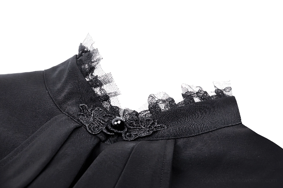 Close-up detail of black gothic blouse lace-trimmed stand collar with decorative lace brooch accent at neckline, Victorian gothic styling