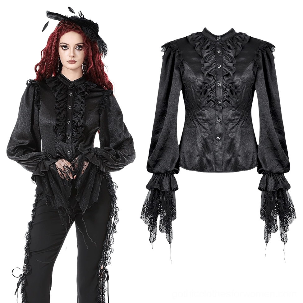 Close-up details of lace-trimmed bell sleeves and front button placket on gothic victorian blouse