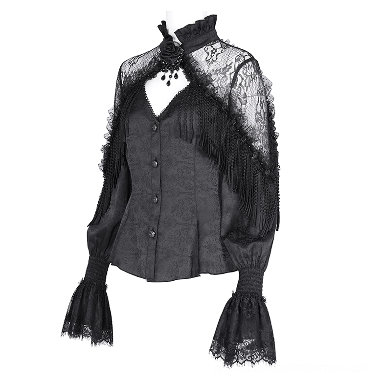 Close-up view of gothic lace blouse showing smocked flared cuffs, lace shoulder yoke, and delicate fringe trim details