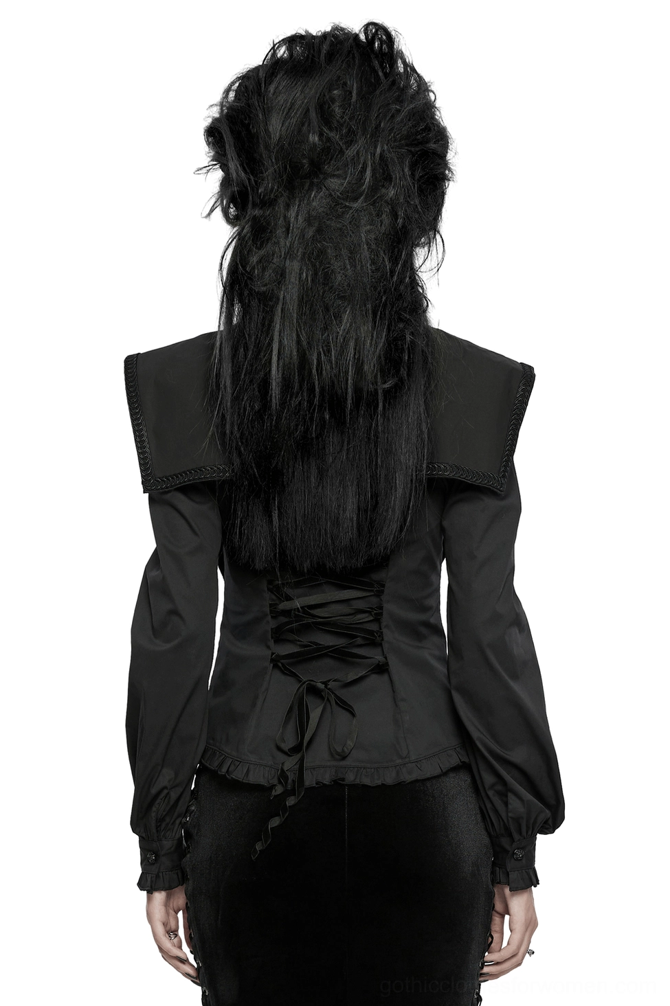 Back view of gothic black blouse with corset-style lace-up and long ruffled sleeves