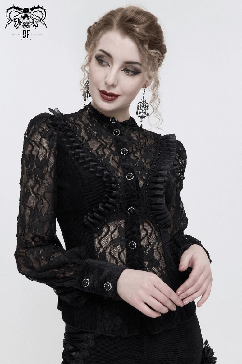 Black gothic blouse lace-up back seam detail showing corset-style closure construction and velvet bodice craftsmanship