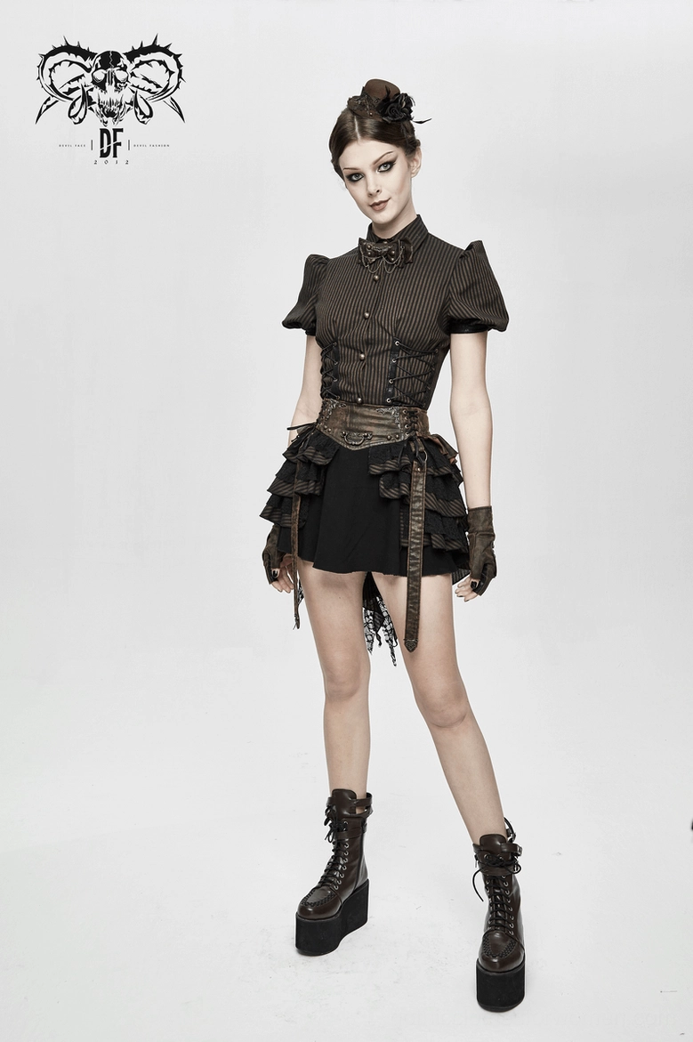 Gothic coffee striped blouse detail shot showcasing lace-up corset waist, striped fabric texture, and puff sleeve construction