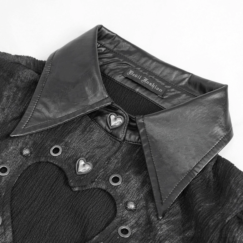 Close-up of black gothic blouse PU leather collar with heart cutout and metal eyelets