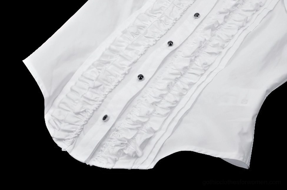 White gothic ruffled blouse sleeve and cuff button detail showcasing long sleeve construction and tailored fit