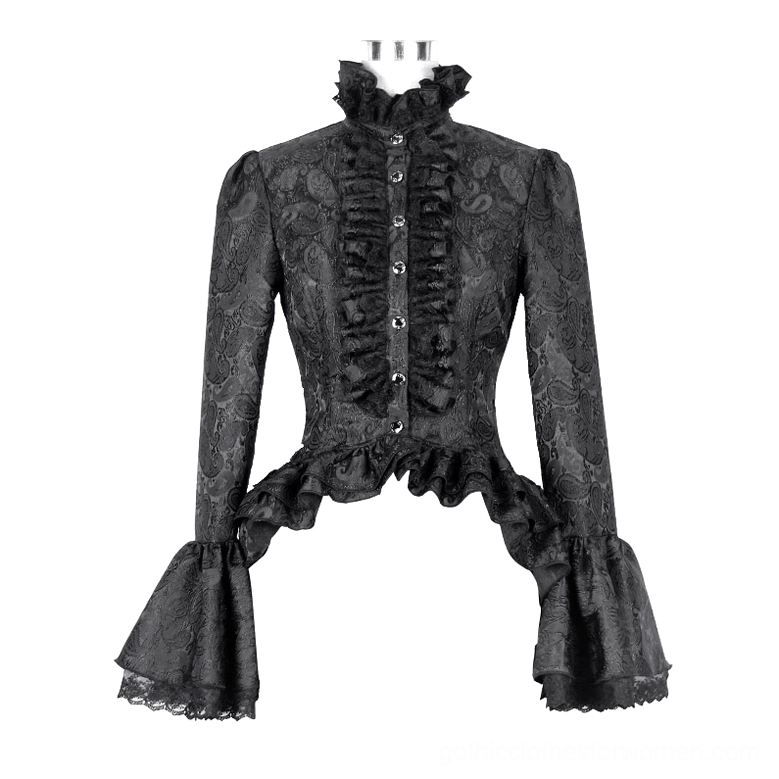 Black gothic ruffle blouse on mannequin displaying high-low ruffled hem and button front placket