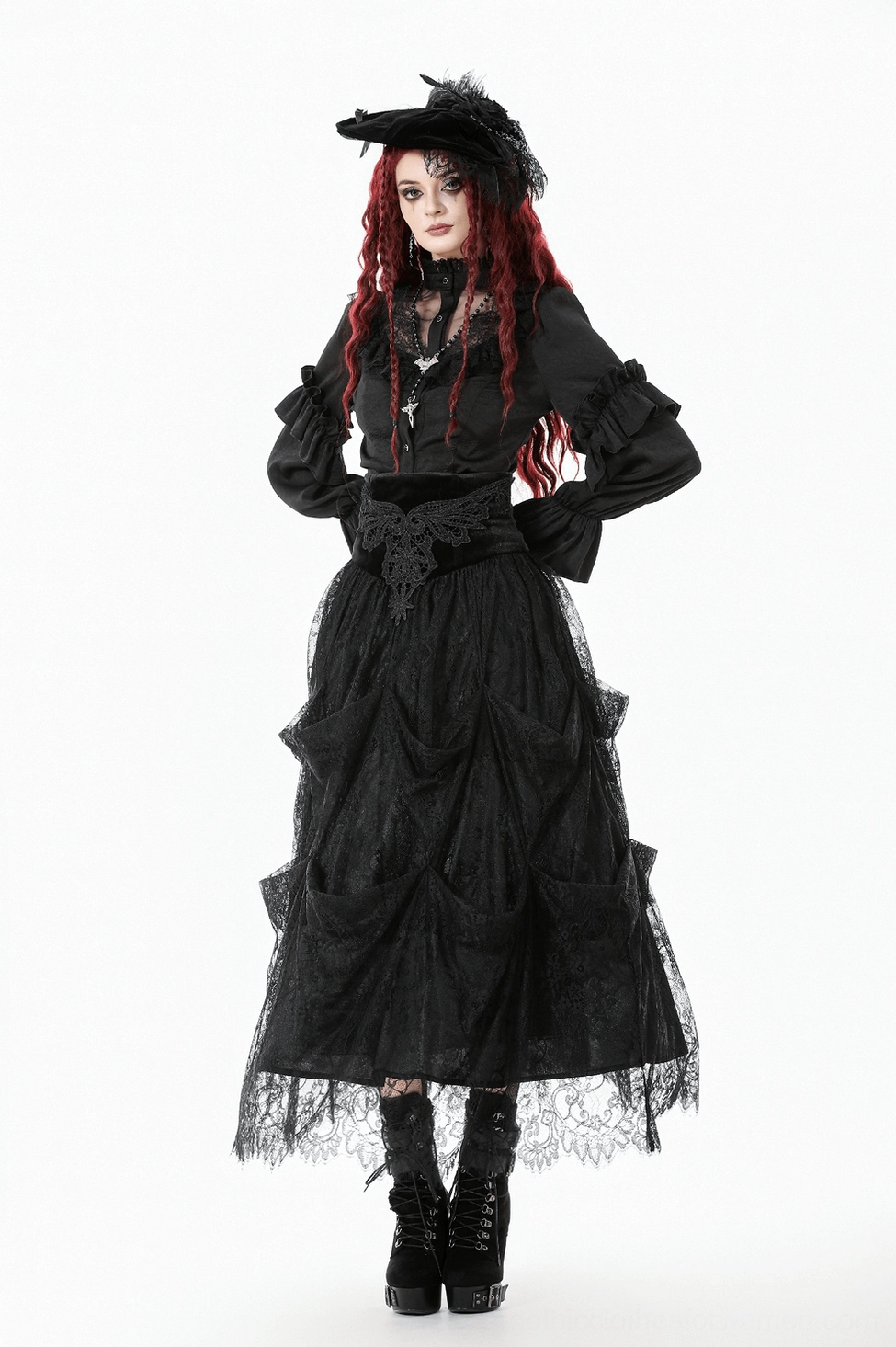 Black gothic lace ruffle blouse detail of sheer mesh panels, ruffled neckline trim and delicate lace accents