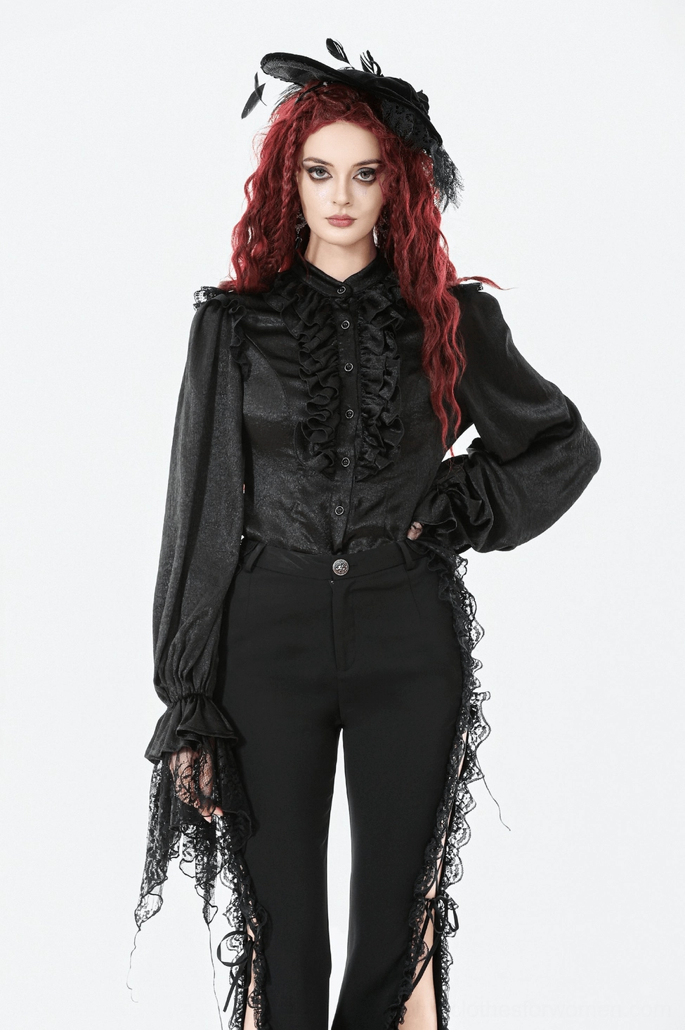 Model wearing black gothic blouse with dramatic styling - front body shot showcasing fit and proportions