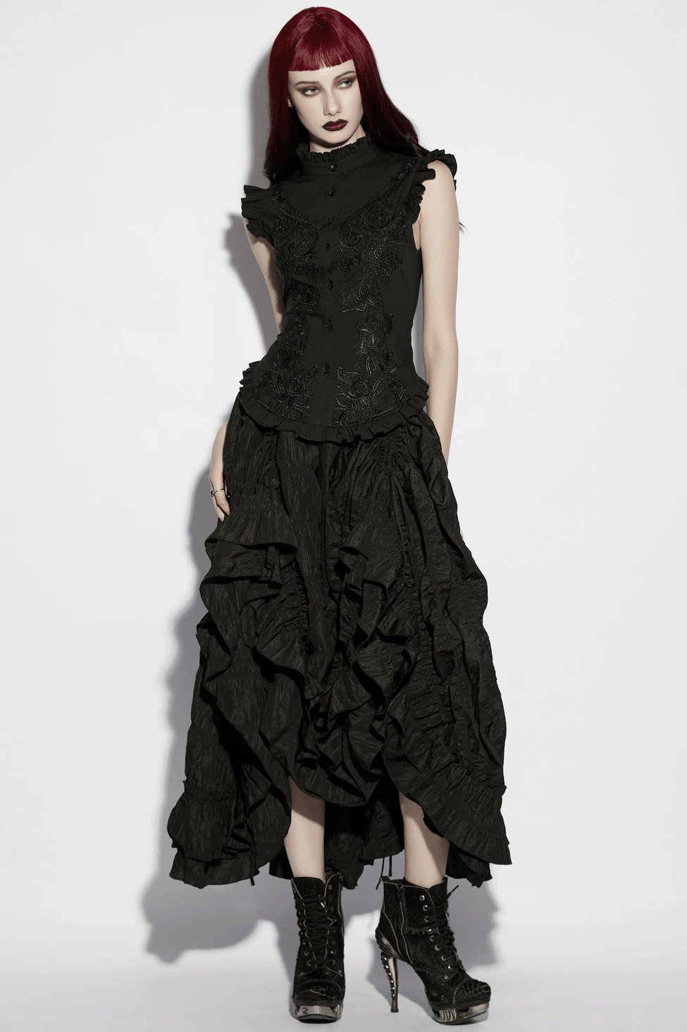 Black gothic blouse with ornate lace details and stand-up collar - model wear and fit reference
