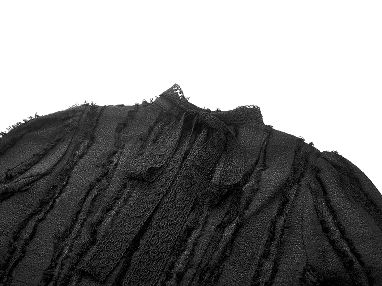 Close-up detail of black gothic lace blouse neckline, featuring frayed fabric stripes and small decorative metal front buttons