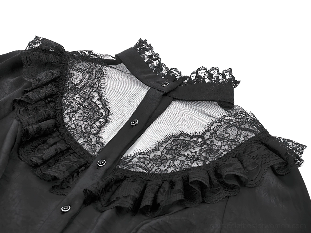 Close-up detail of black gothic blouse neckline featuring lace trim, ruffled collar, sheer mesh panel and front buttons