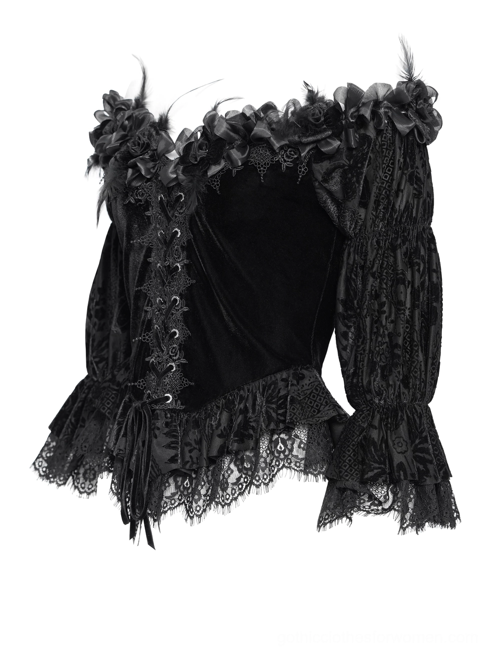 Flat lay photograph of gothic black blouse displaying floral ruffled neckline with rose embellishments, lace cuffs, and lace-up front