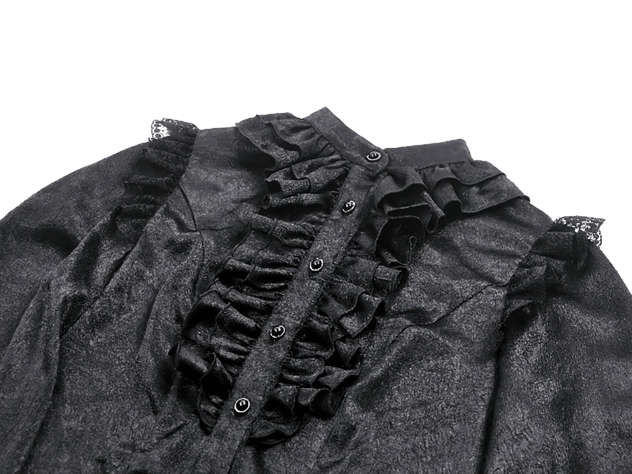 Close-up detail shot of gothic blouse neckline and front ruffle placket with decorative buttons