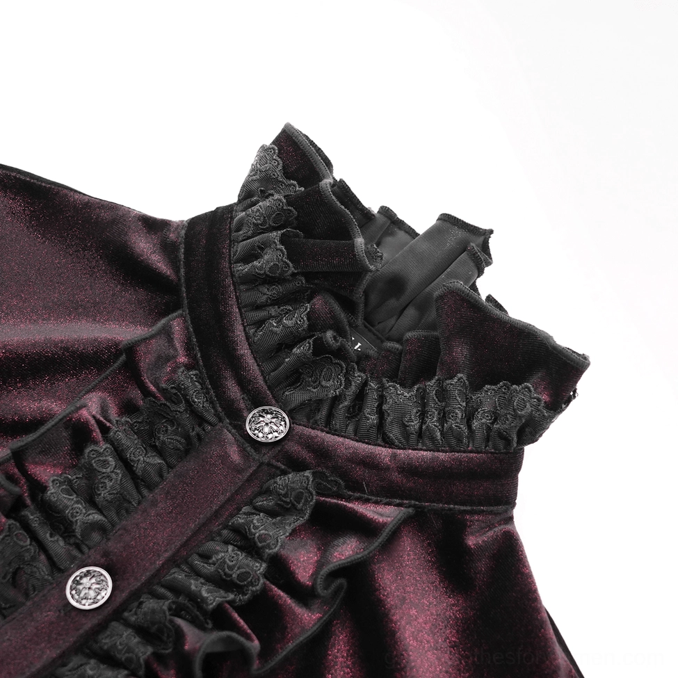 Victorian gothic velvet blouse neckline close-up - ruffled black lace trim and velvet fabric detail