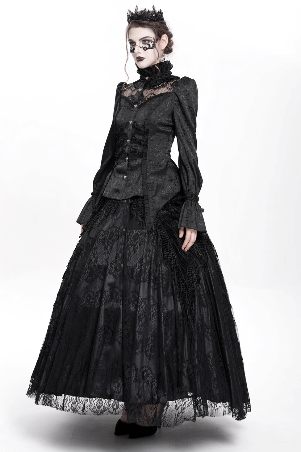 Gothic blouse neckline and upper body detail, ruffled high collar, lace yoke panel, heart buttons