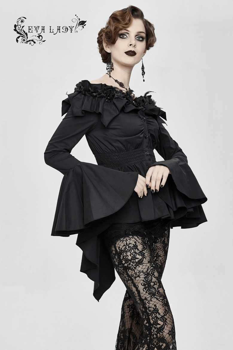 Close-up view of gothic blouse off-shoulder construction, feather-rose trim placement, neckline ruffle detail, and decorative button embellishment