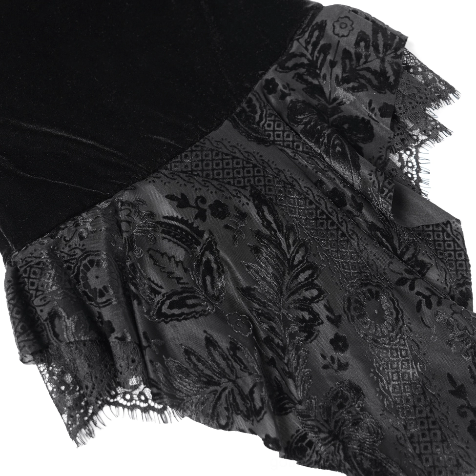 Gothic velvet blouse detail shot displaying off-shoulder construction, neckline lace, and ruffled design elements