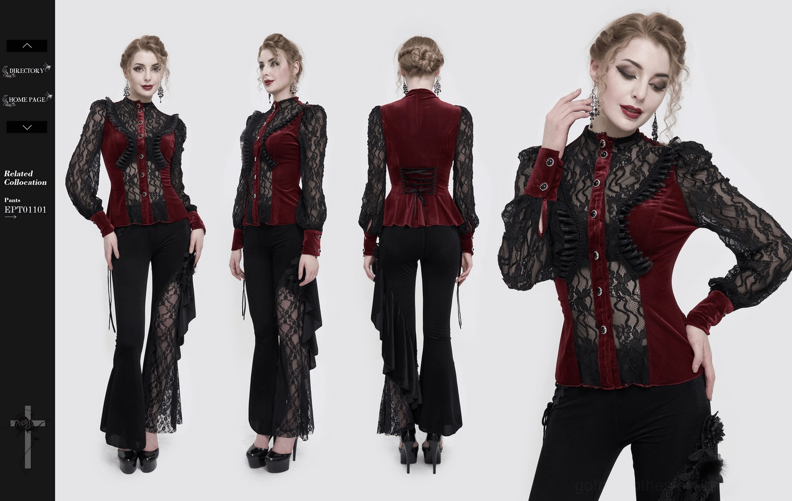 Alternative gothic blouse featuring ornate lace details, jeweled buttons, and velvet construction - detail showcase