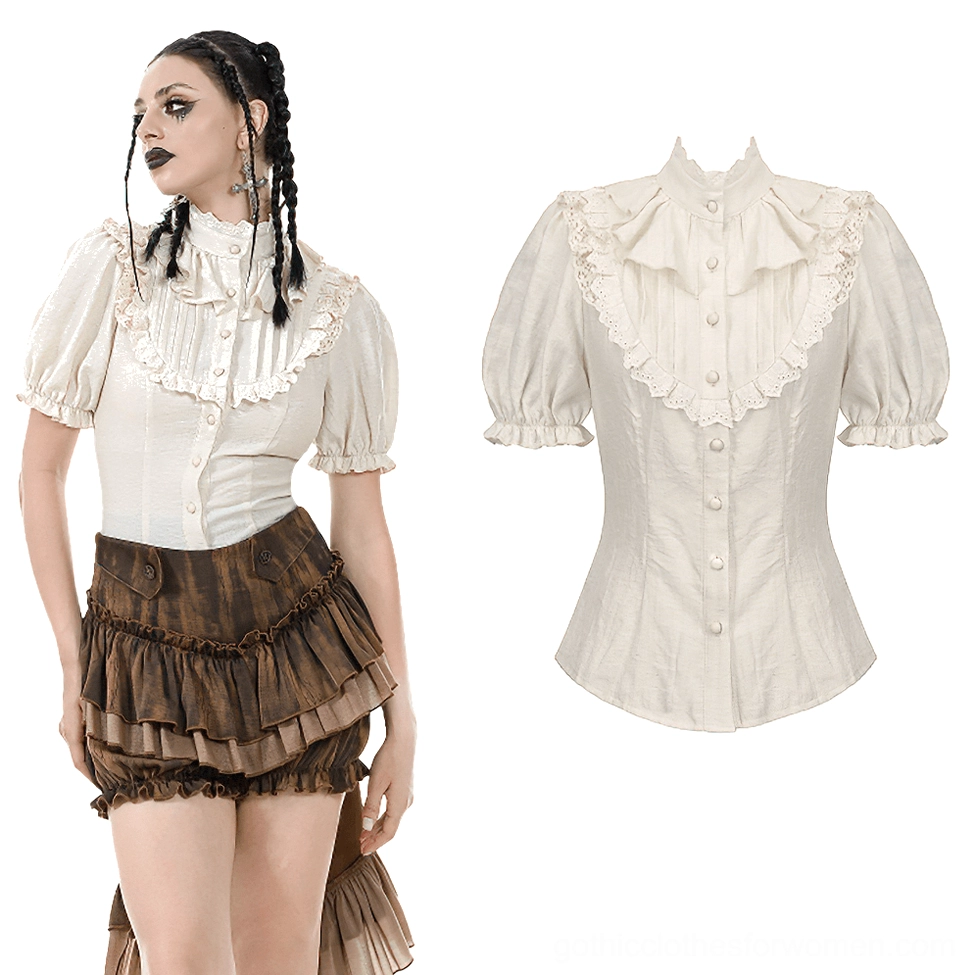 Beige gothic blouse styled with ruffled brown shorts and front button closure, three-quarter view on model