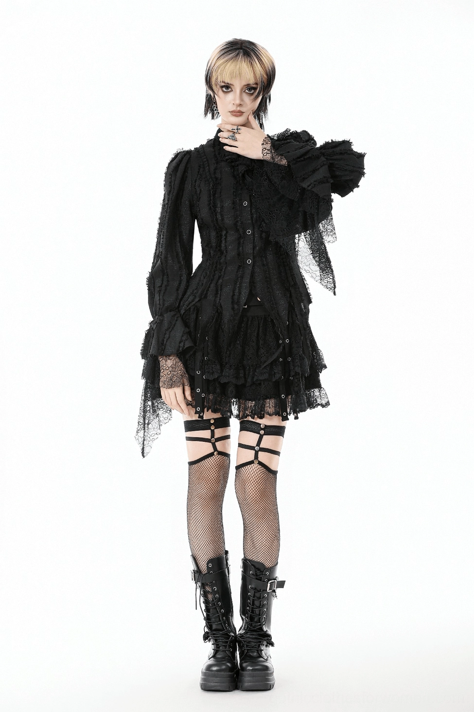 Black gothic lace ruffle blouse overall fit and proportion view on model, showcasing complete design from collar to hemline