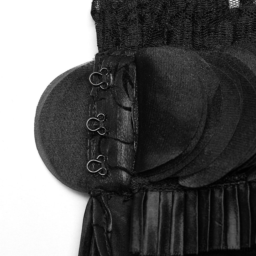 Rose gothic blouse placket and closure detail - hook-and-eye closures, pleated trim, circular layered fabric