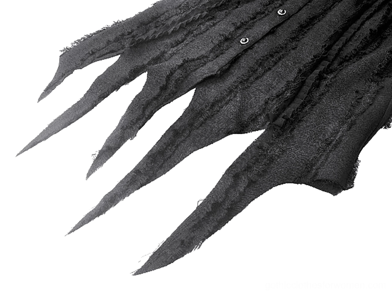 Black gothic blouse hem detail, displaying irregular pointed hemline with frayed fabric edges characteristic of contemporary gothic fashion
