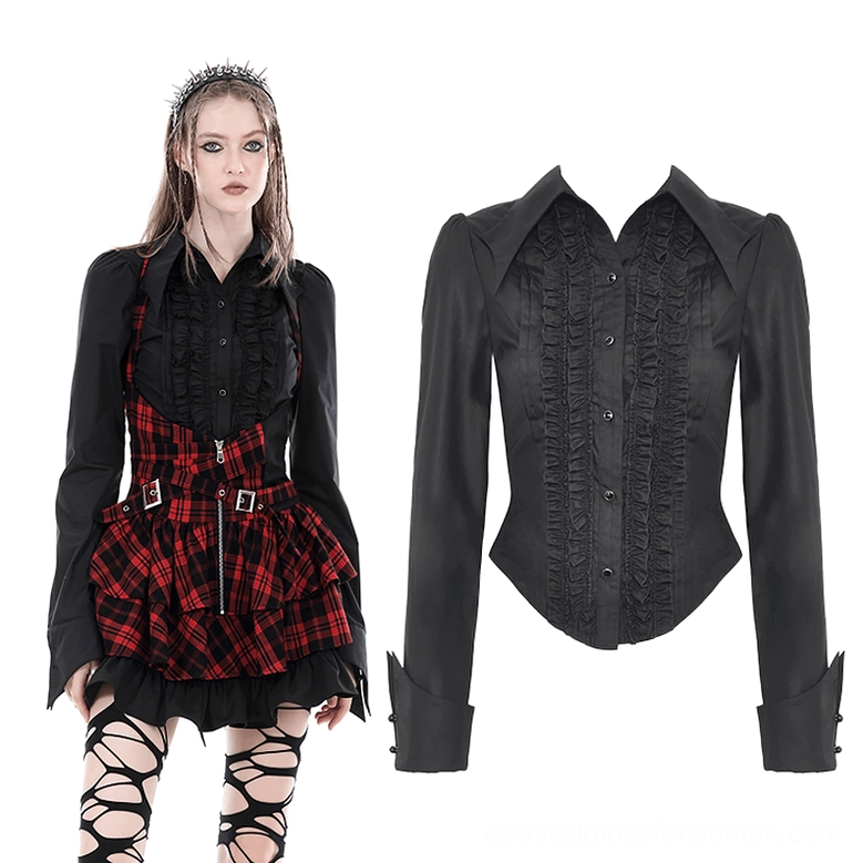Black gothic ruffle blouse styled with alternative punk accessories, front partial view with fishnet stockings and pointed collar detail