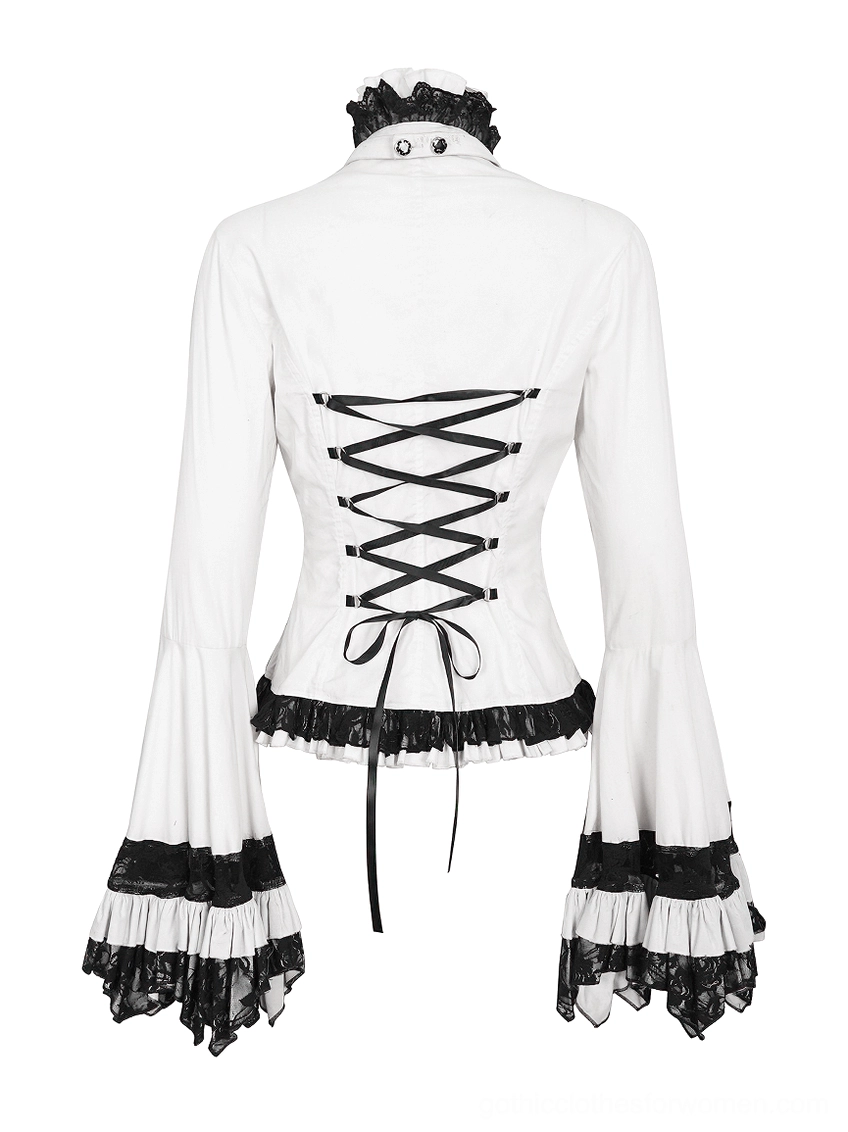 Rear flat view of gothic Victorian blouse on mannequin displaying back corset lace-up closure and high ruffled lace collar