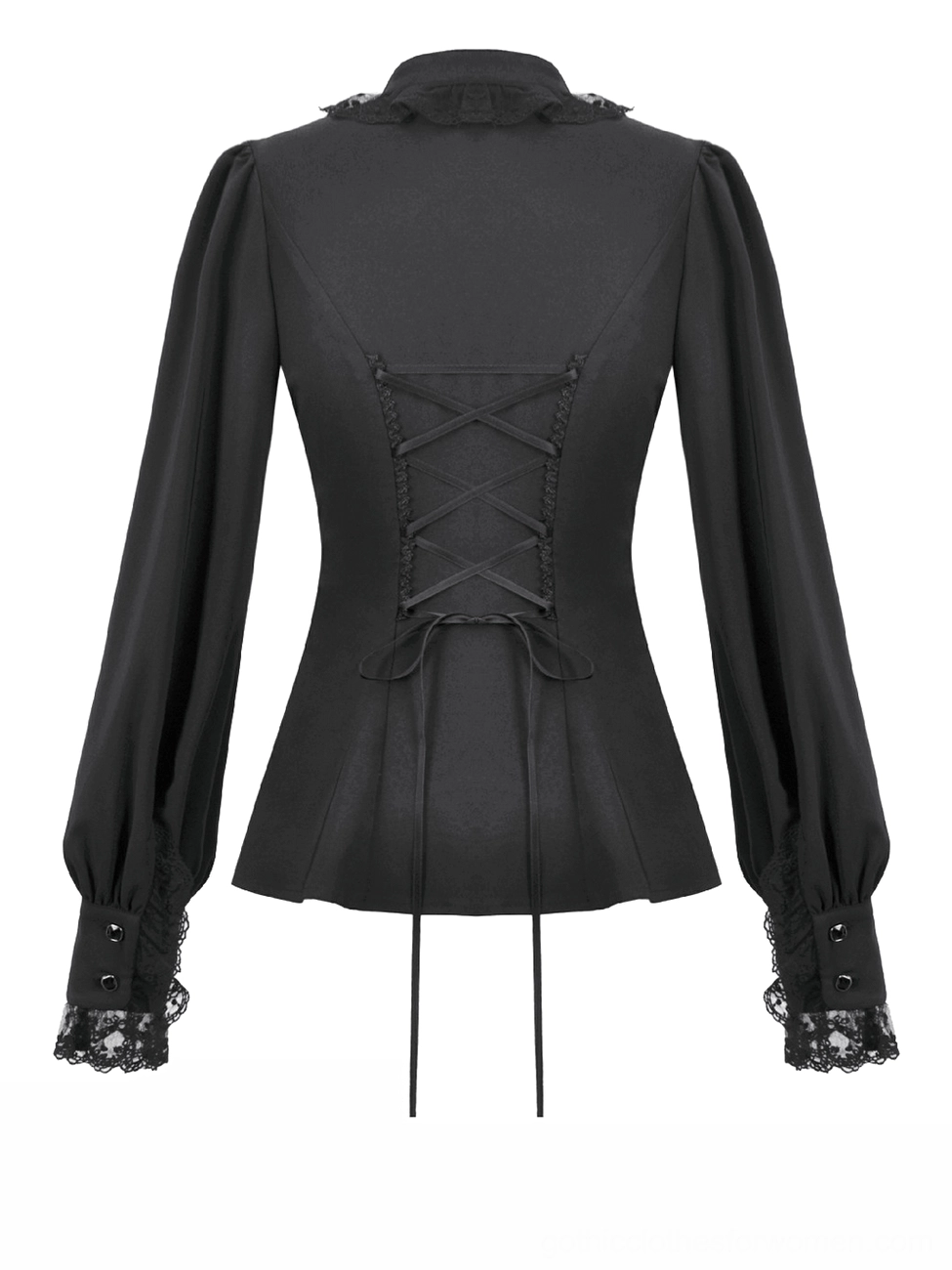 Black Victorian gothic blouse flat lay rear view featuring lace-up corset back and peplum hem detail