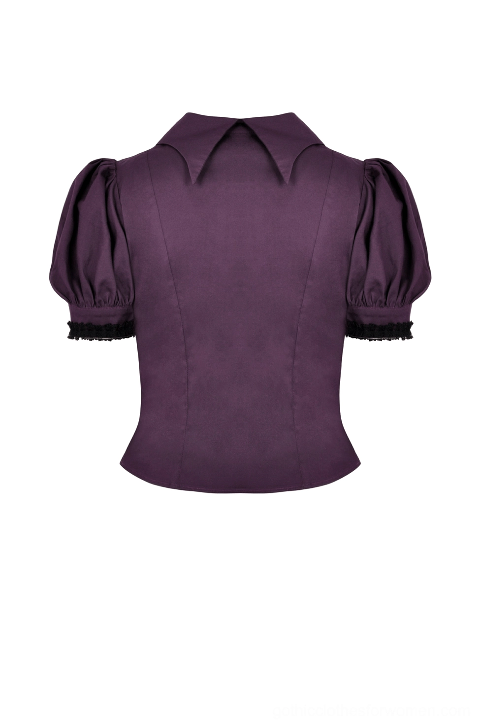 Rear flat lay of gothic blouse showcasing slim fit silhouette, puff sleeves with black lace-trimmed cuffs, and overall construction