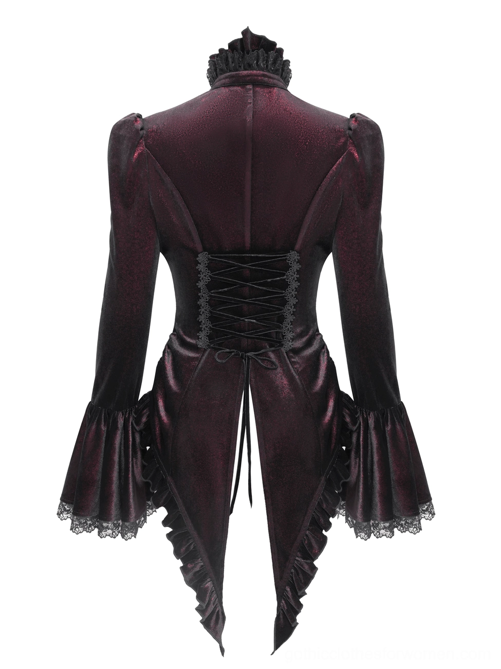 Gothic blouse rear view flat lay - corset style lace-up back and tailcoat hem design