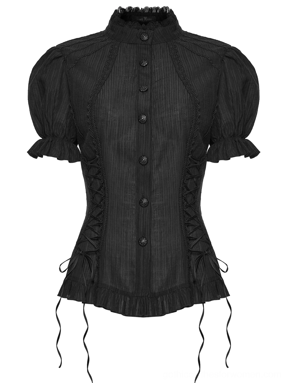 Black gothic blouse front flat lay close-up showing textured ribbed fabric, decorative lace trims and ornate button details