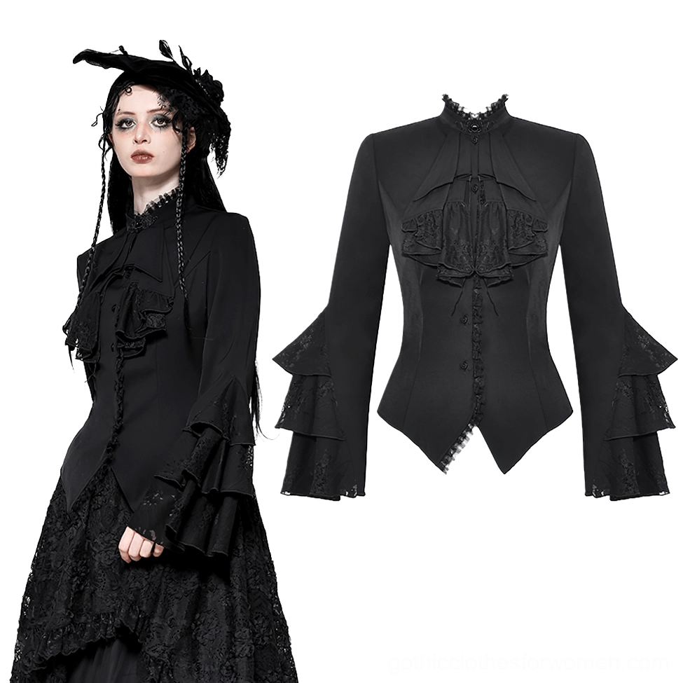 Black gothic Victorian blouse styled with feather headdress and lace midi skirt, three-quarter front view on model with dark aesthetic styling